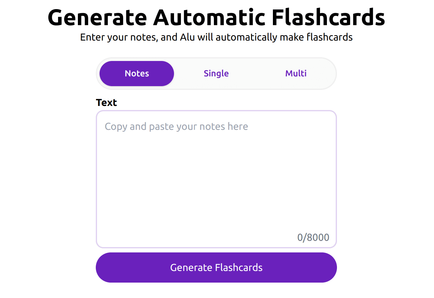 Screenshot of Alu's automatic flashcard generator